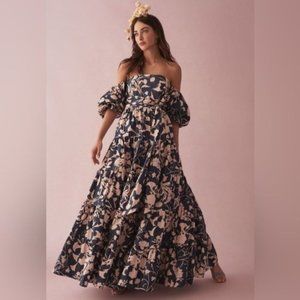 Cara Cara Wethersfield Navy Blue Floral Print Puff Sleeve Tiered Maxi Dress Sz 2